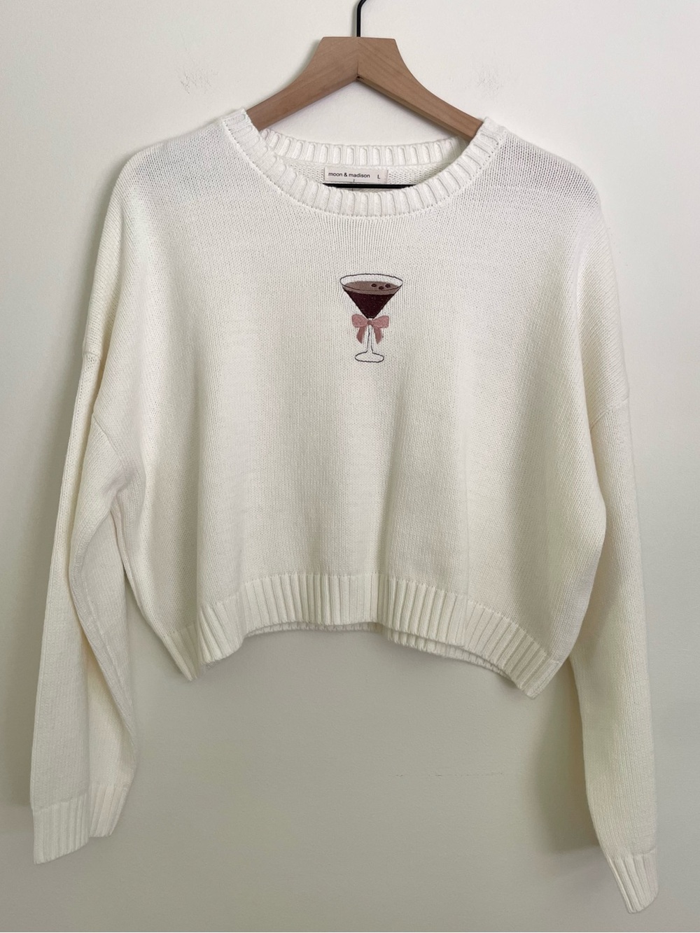 moon & madison White Crewneck Sweater with Embroidered Espresso Martini Motif